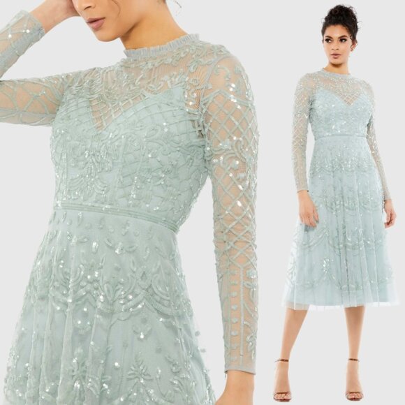 Mac Duggal 9142 Womens Size 16 Seafoam Light Green Blue Sequin Boho Midi Dress - Picture 1 of 4